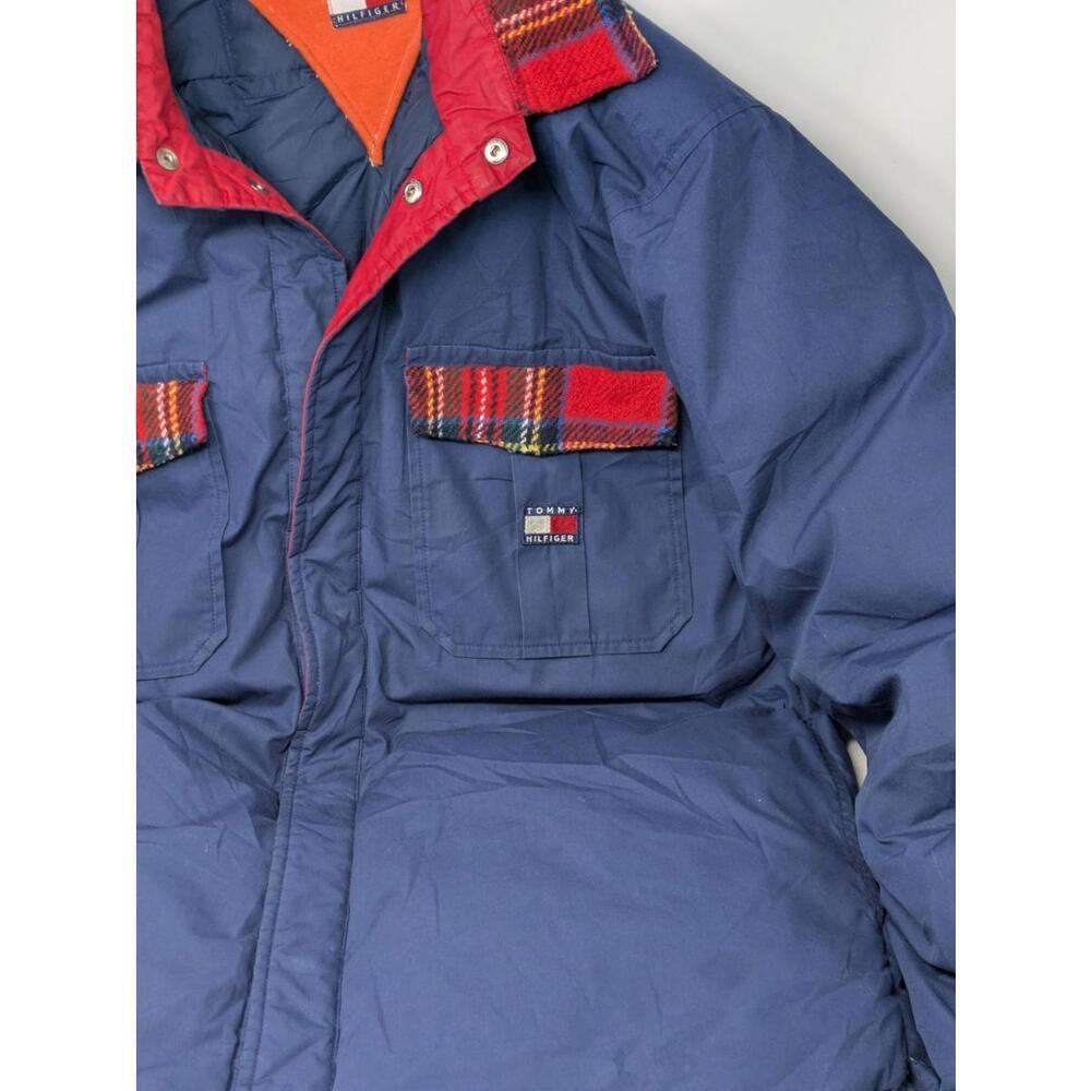 Vintage Tommy Hilfiger Striped Down Puffer Hooded Jacket 90s Mens M Red Blue - Picture 2 of 10
